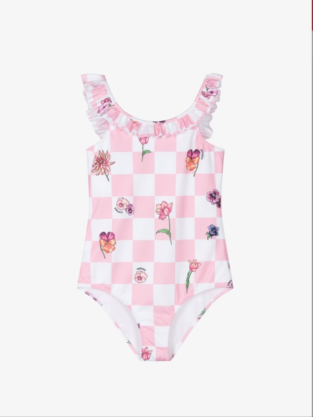 NWT Versace Girl's Pink Check Floral Ruffle One-Piece Swimsuit, 12/18M